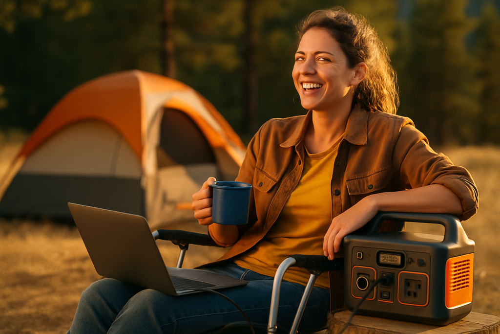 A camper enjoys a warm sunset while using a portable power station, surrounded by nature and a serene atmosphere.