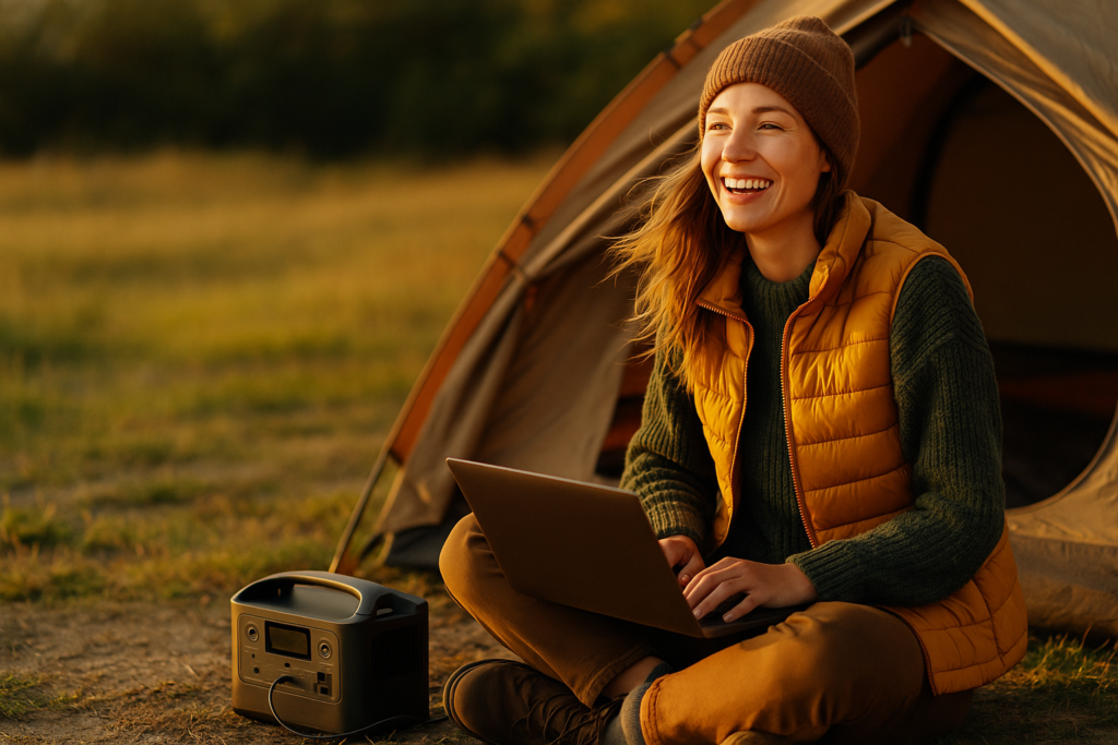 A camper enjoys a serene moment by a portable power station, surrounded by nature in warm, inviting light.