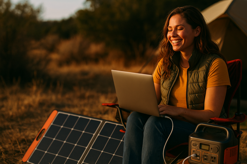 A camper enjoys the outdoors with a portable power station beside a serene landscape, bathed in warm natural light.