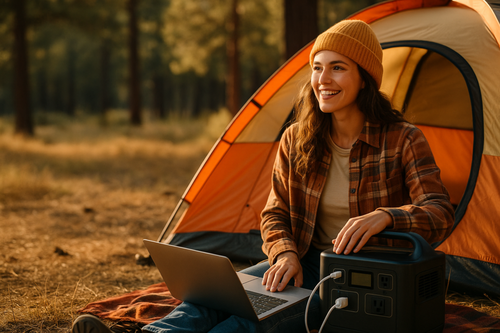 A camper enjoys a warm sunset while using a portable power station, surrounded by nature and a serene atmosphere.