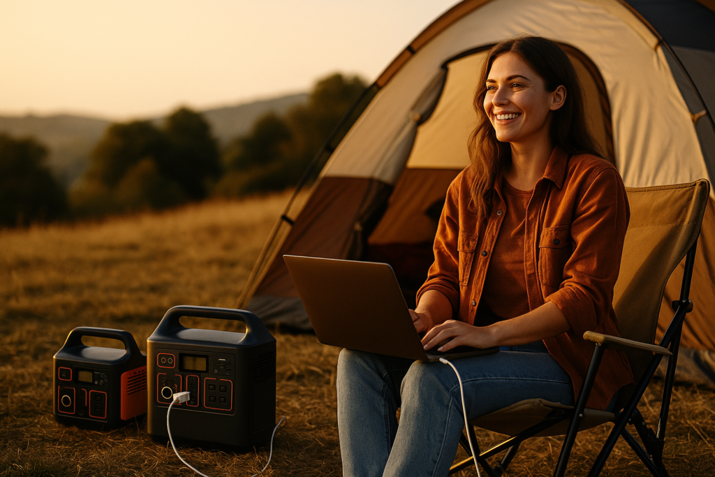 A camper enjoys a serene moment by a portable power station, surrounded by nature in warm, inviting light.