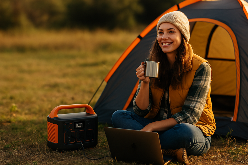 A camper relaxes by a portable power station, surrounded by nature, enjoying warm sunlight and a serene atmosphere.