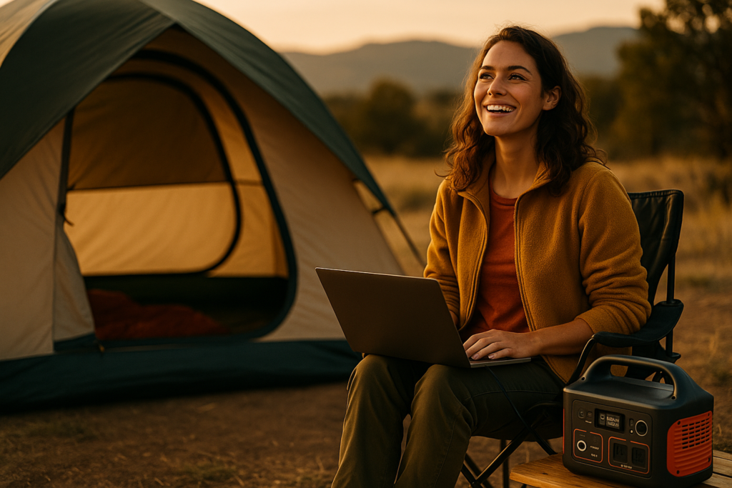 A camper relaxes by a serene lake, enjoying the warmth of natural light with a portable power station nearby.