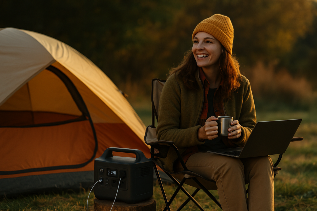 A camper relaxes by a serene lake, enjoying the convenience of a portable power station in warm, natural light.