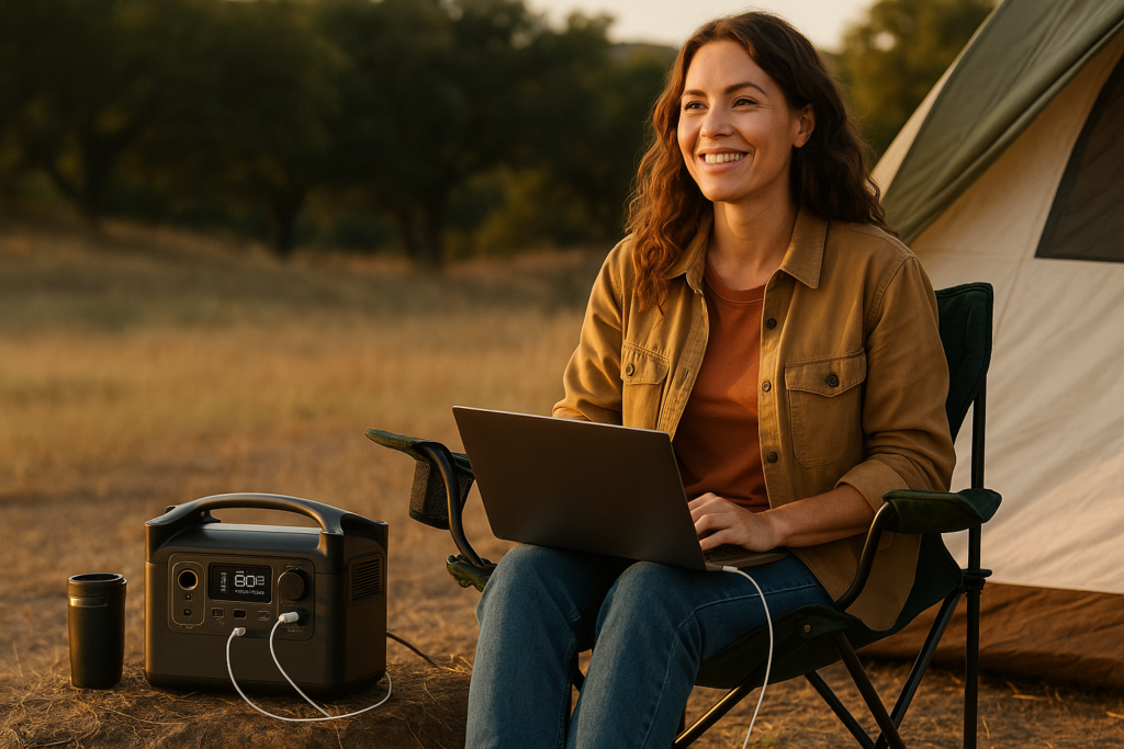 A camper relaxes by a portable power station in a serene outdoor setting, surrounded by lush greenery and warm sunlight.