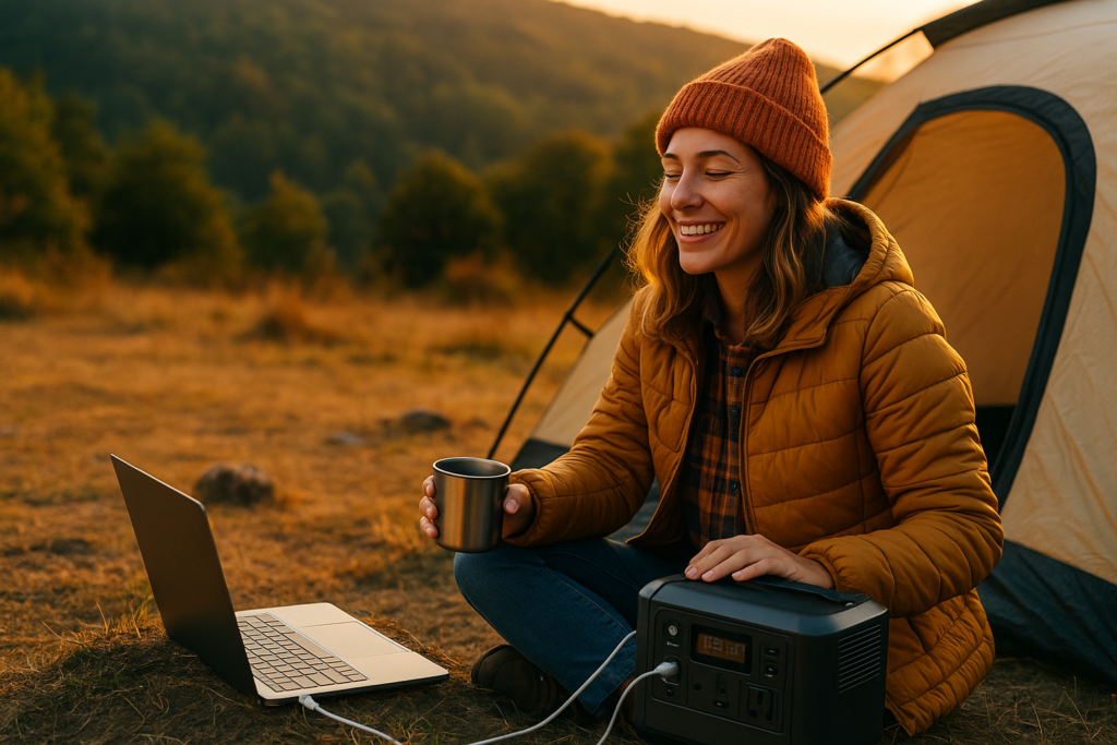A camper relaxes by a portable power station, surrounded by nature, enjoying a warm sunset glow.