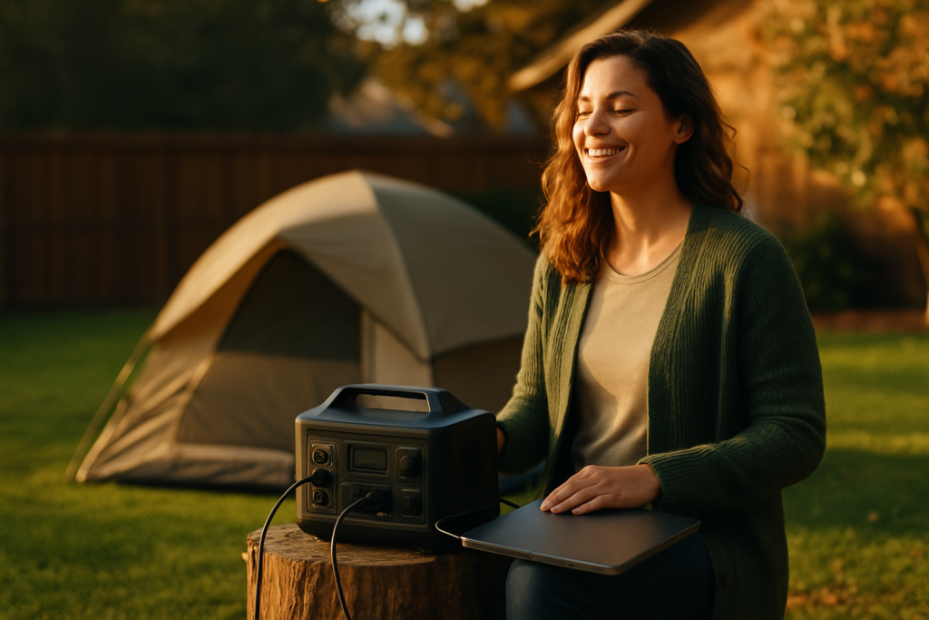 A camper relaxes by a portable power station, surrounded by nature, enjoying a warm sunset glow.