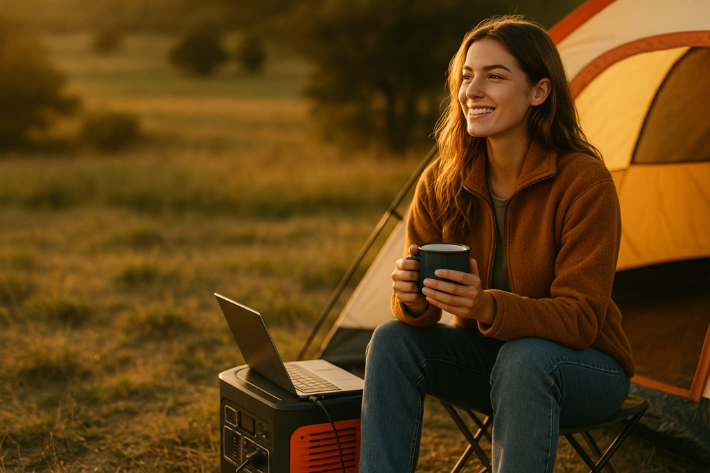 A camper enjoys a warm sunset while using a portable power station, surrounded by nature and tranquility.