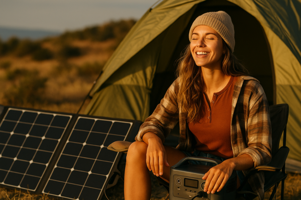 A camper relaxes by a portable power station, surrounded by nature, with warm sunlight illuminating the scene.