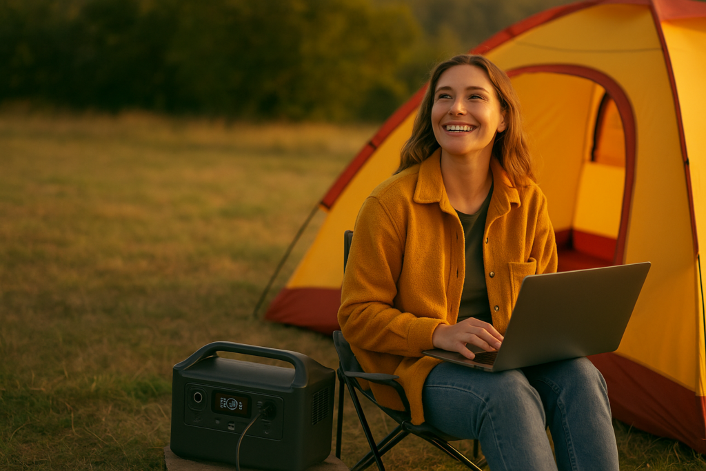 A camper relaxes by a portable power station, surrounded by lush nature, warm sunlight illuminating the scene.