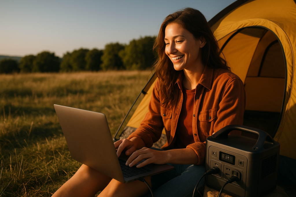 A camper enjoys a warm sunset while charging devices with a portable power station in a serene outdoor setting.