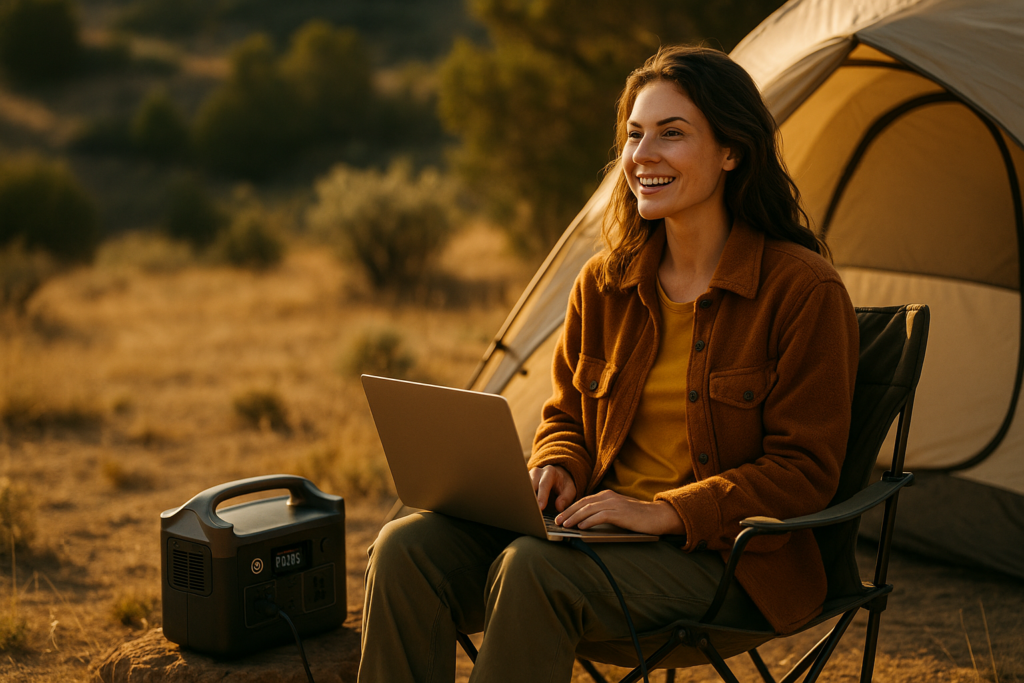 A camper relaxes by a tent, enjoying warm sunlight while a portable power station charges devices nearby.