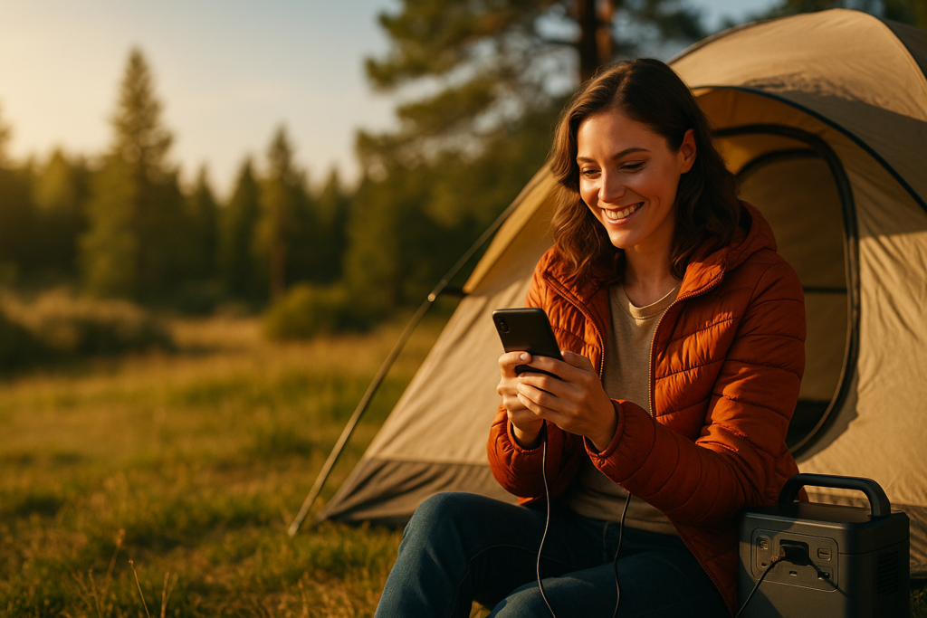 A camper enjoys a warm sunset while charging devices with a portable power station in a serene outdoor setting.