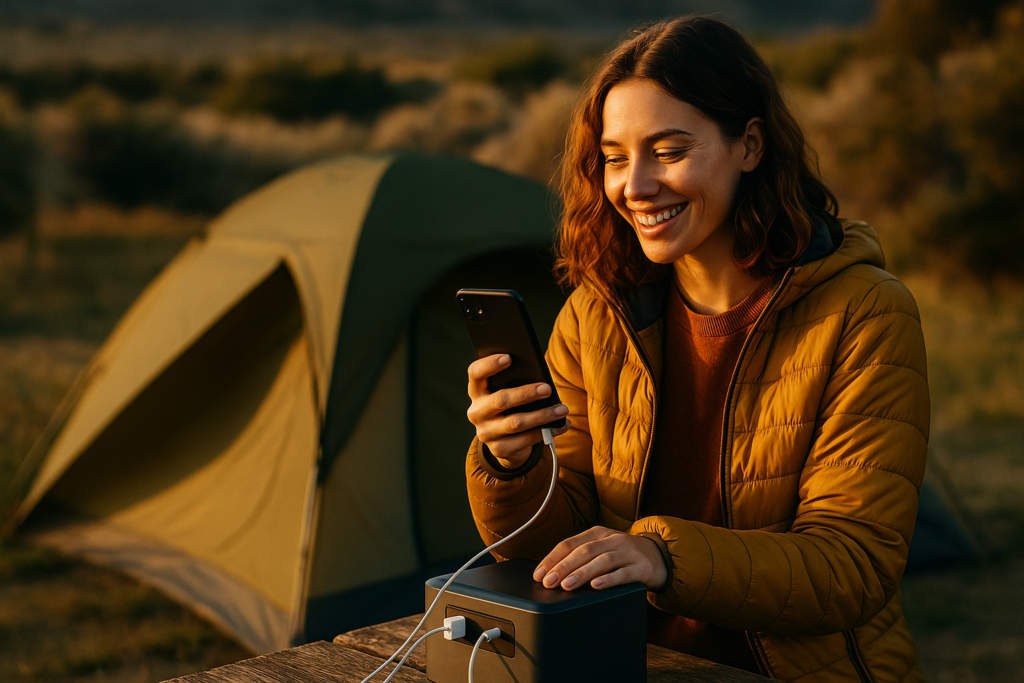 A camper enjoying a warm sunset while charging devices with a portable power station in a serene outdoor setting.