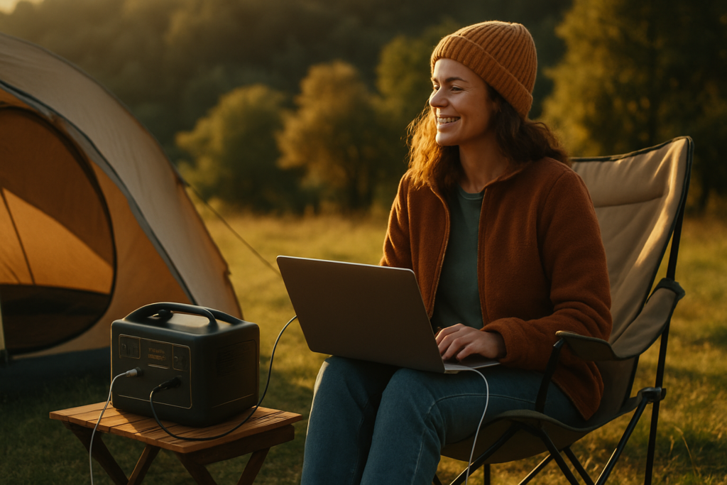 A camper relaxes by a serene lake, enjoying the warmth of natural light while using a portable power station.