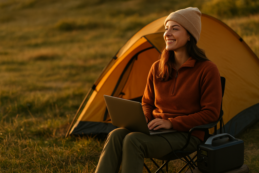 A camper relaxes by a serene lake, enjoying the warmth of natural light with a portable power station nearby.