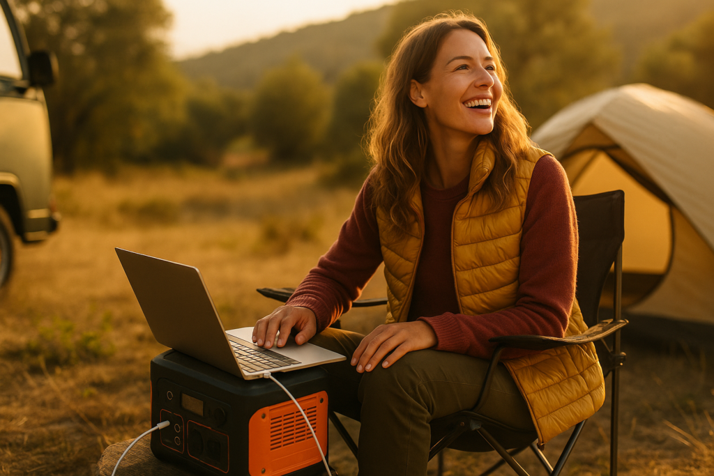 A camper enjoying a serene moment by a portable power station, surrounded by nature in warm sunlight.