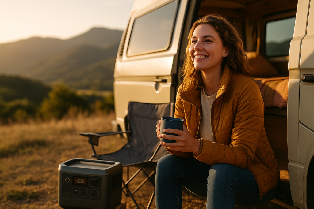 A camper enjoys a serene moment by a portable power station, surrounded by nature in warm, inviting light.