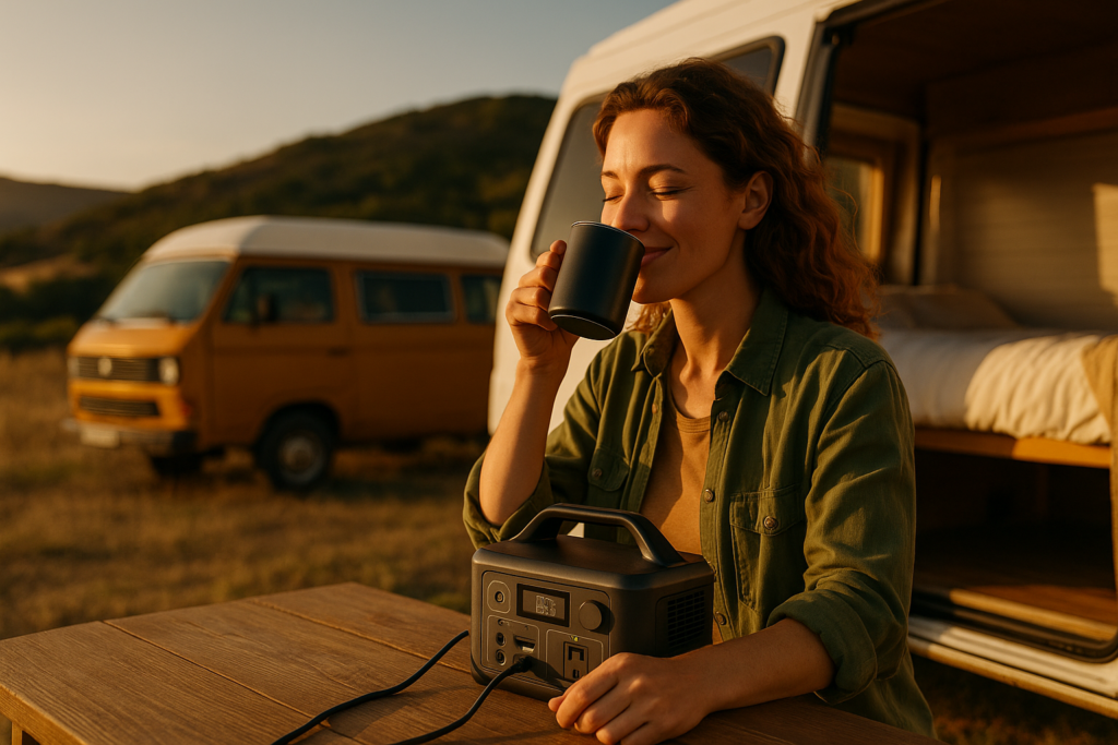 A camper enjoying a warm sunset by a portable power station, surrounded by nature and a serene atmosphere.