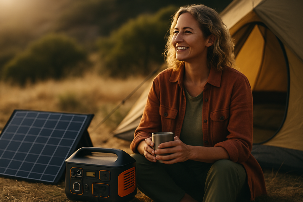 A camper enjoys a serene moment by a solar generator, surrounded by nature and warm sunlight.