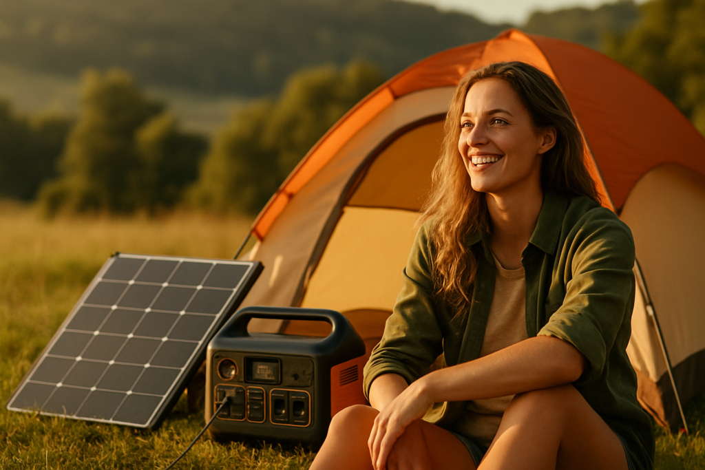 A camper enjoys a serene moment by a solar generator, surrounded by nature and warm sunlight.