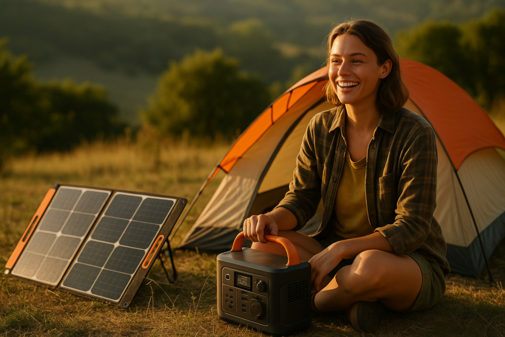 A camper enjoys a serene moment by a portable power station under warm natural light, surrounded by lush greenery.