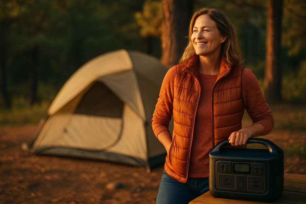 A camper enjoys the warmth of a portable power station while relaxing in a serene outdoor setting, surrounded by nature.