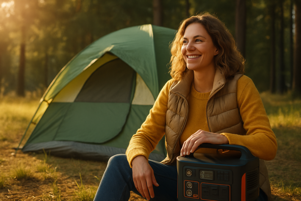 A camper enjoys a serene moment by a portable power station, surrounded by nature in warm, inviting light.